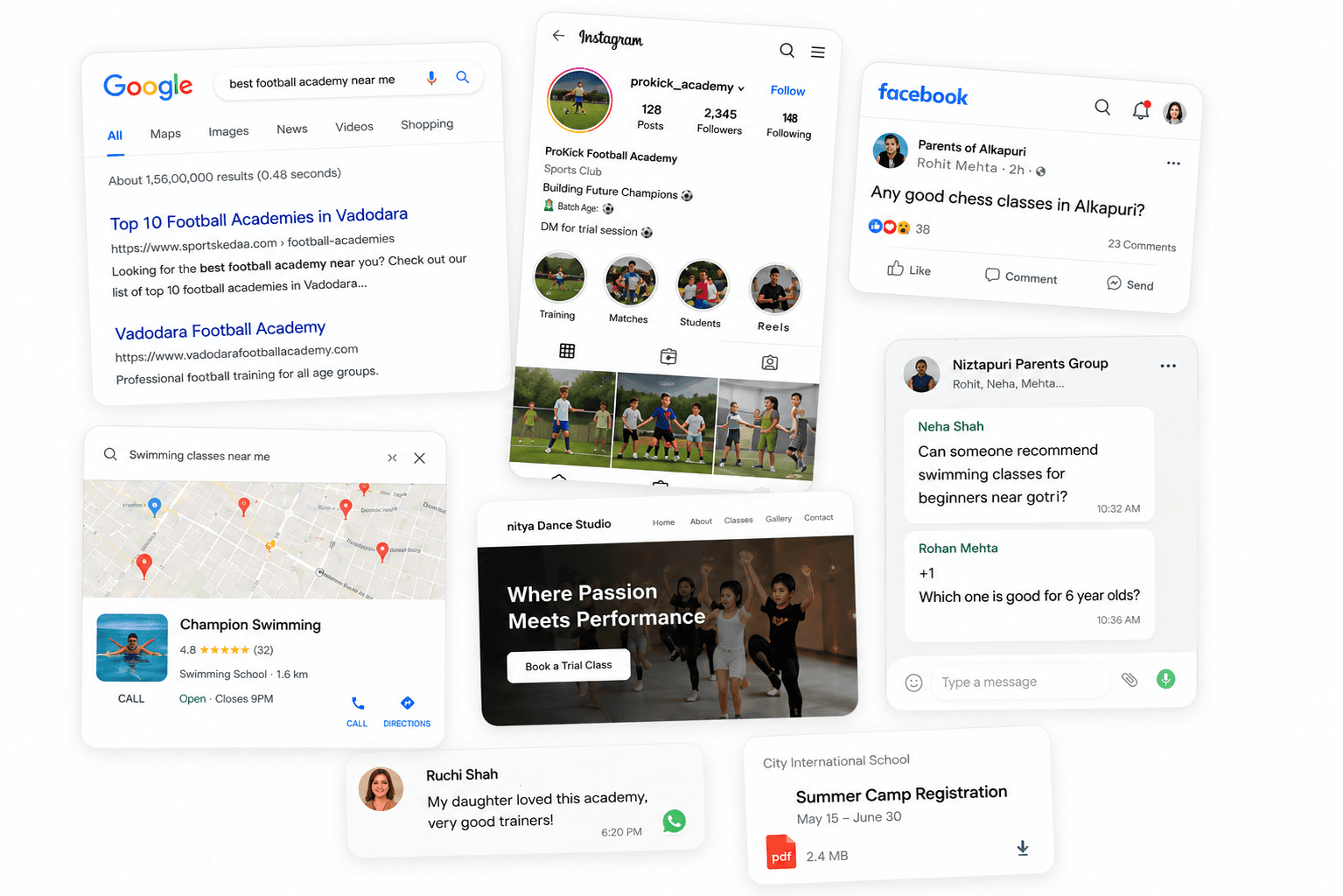 Parents searching across Google, Instagram, WhatsApp and maps to compare classes